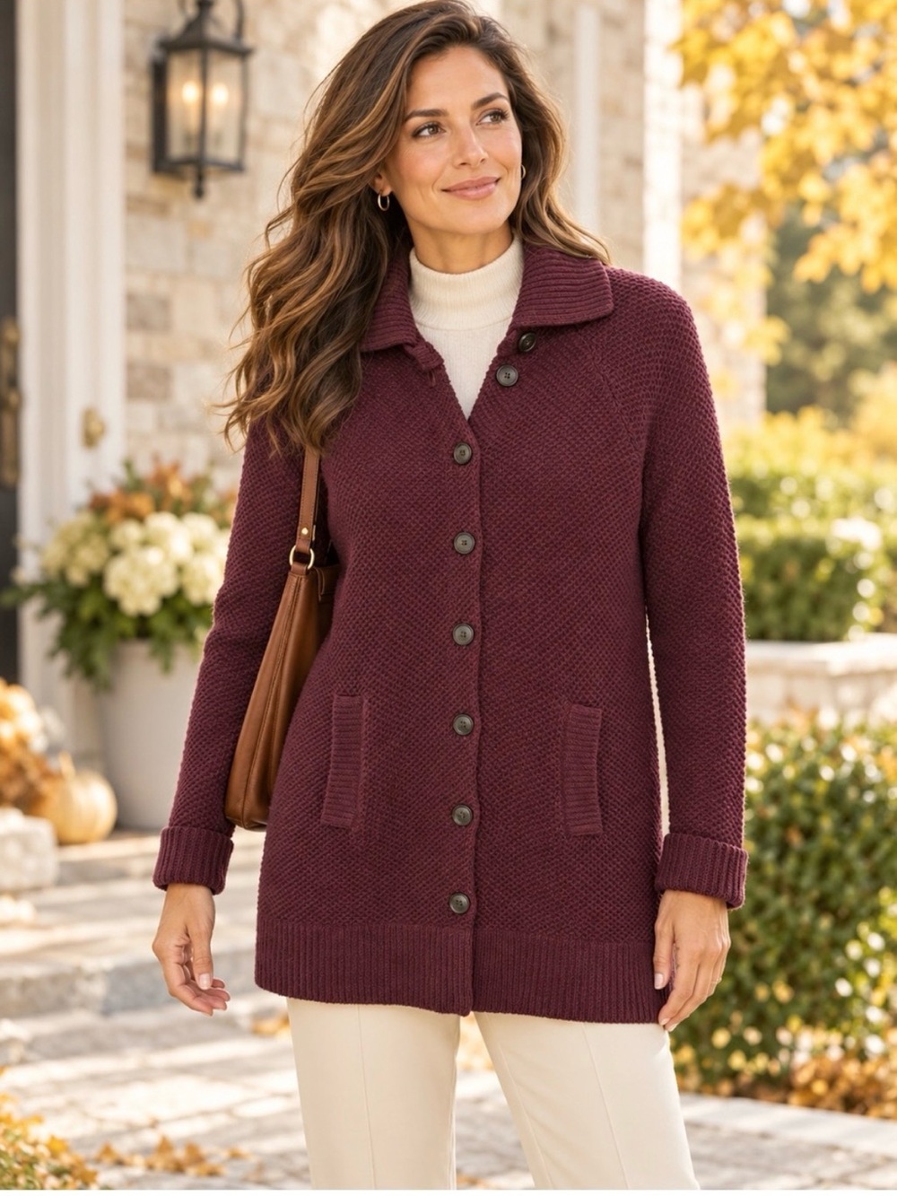 TALBOTS Burgundy Textured Cotton Blend Knit Long Cardigan Sweater Coat